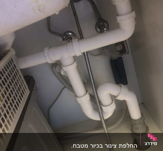 צנרת פלסטיק לבנה מתחת לכיור עם חיבורים